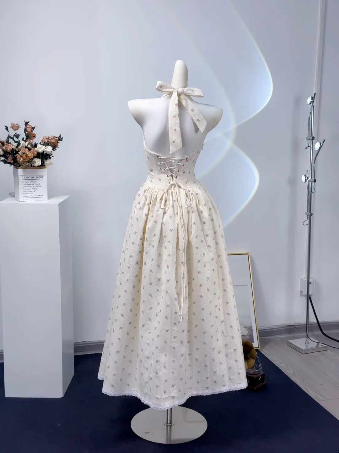 Dainty Ivory Floral Halter Sweetheart Neck Pink Front Bow A Line Long Prom Dress AD1376