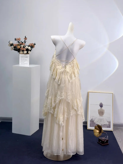 Ethereal Ivory Spaghetti Straps Tiered Lace Flowy A Line Long Prom Dress AD1377