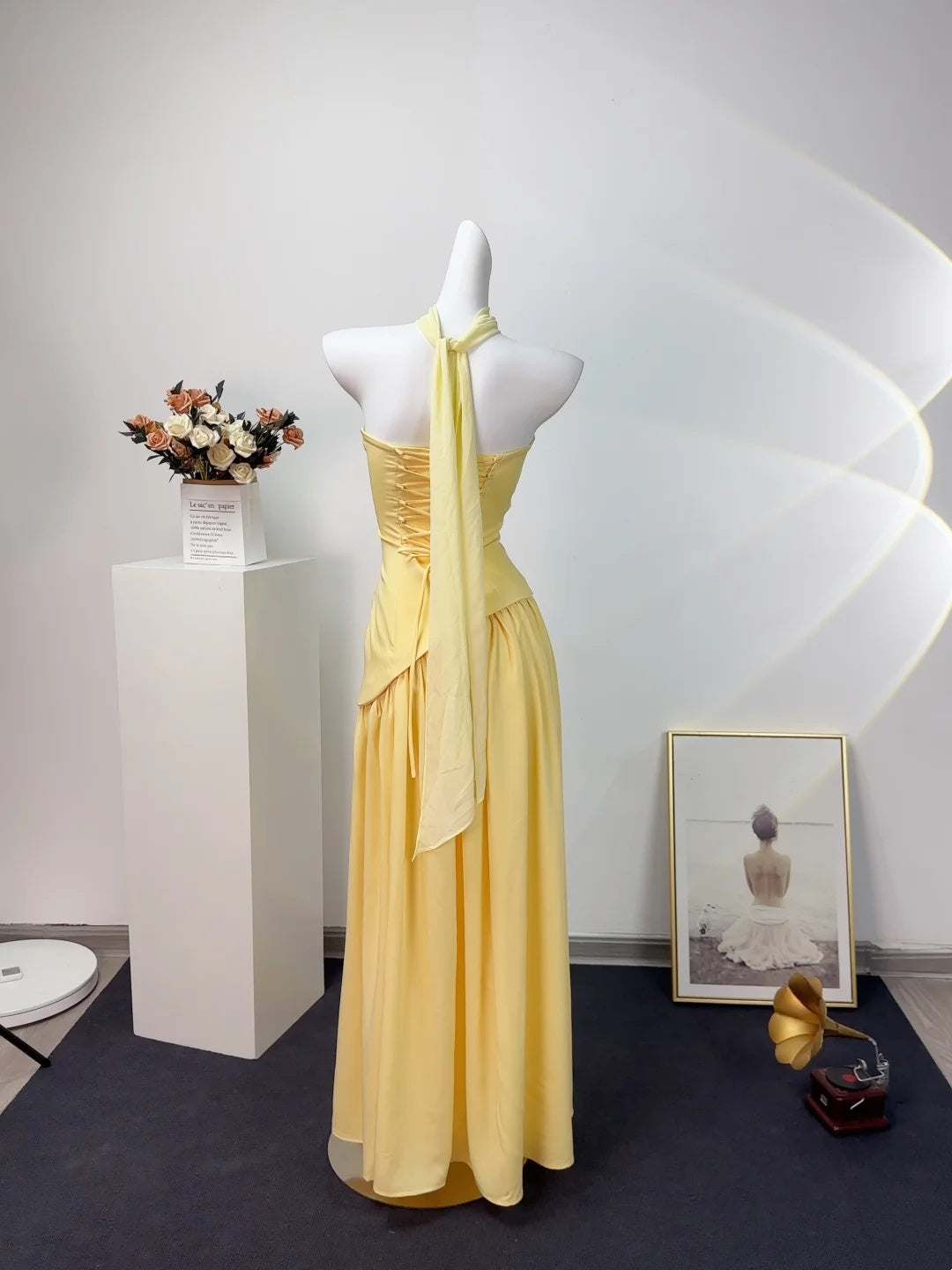 Chic Yellow Strapless Sheath Long Prom Dress With Long Neck Sash AD1378