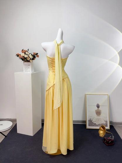 Chic Yellow Strapless Sheath Long Prom Dress With Long Neck Sash AD1378