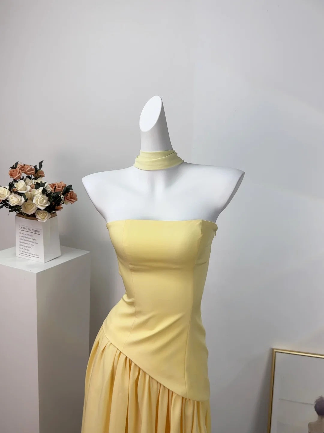 Chic Yellow Strapless Sheath Long Prom Dress With Long Neck Sash AD1378