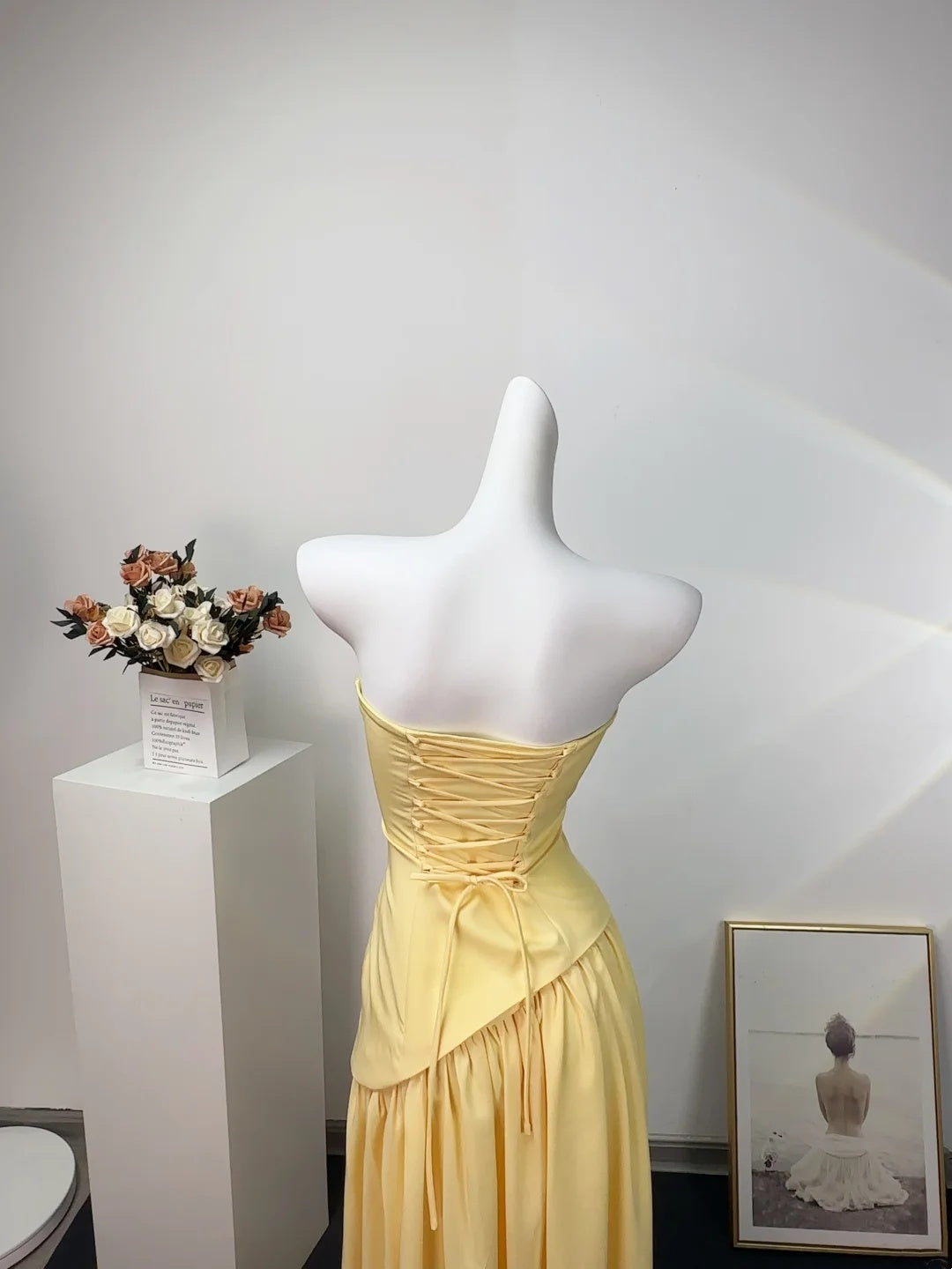Chic Yellow Strapless Sheath Long Prom Dress With Long Neck Sash AD1378