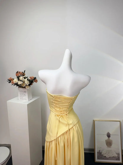 Chic Yellow Strapless Sheath Long Prom Dress With Long Neck Sash AD1378