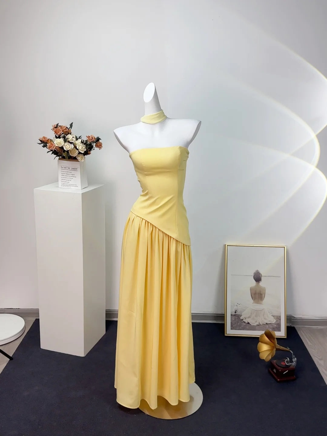 Chic Yellow Strapless Sheath Long Prom Dress With Long Neck Sash AD1378