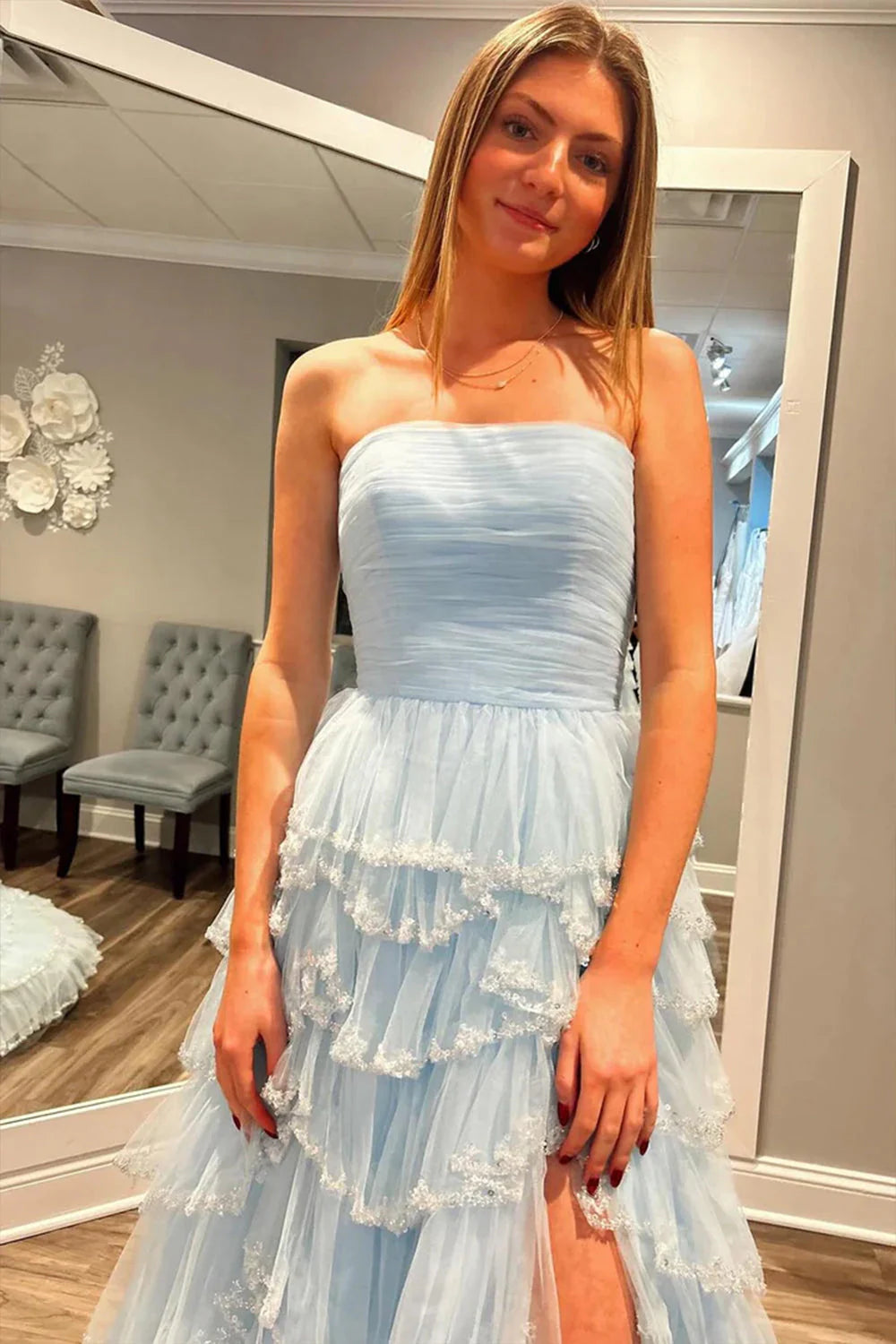 A Line Strapless Glitter Tulle Prom Dress With Layered Ruffle Skirt And Sequin Trim AD198