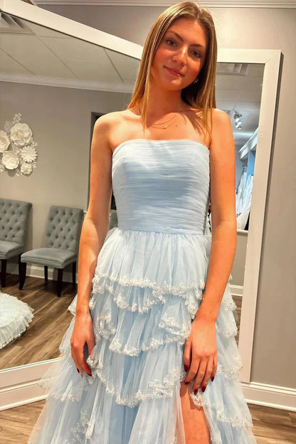 A Line Strapless Glitter Tulle Prom Dress With Layered Ruffle Skirt And Sequin Trim AD198