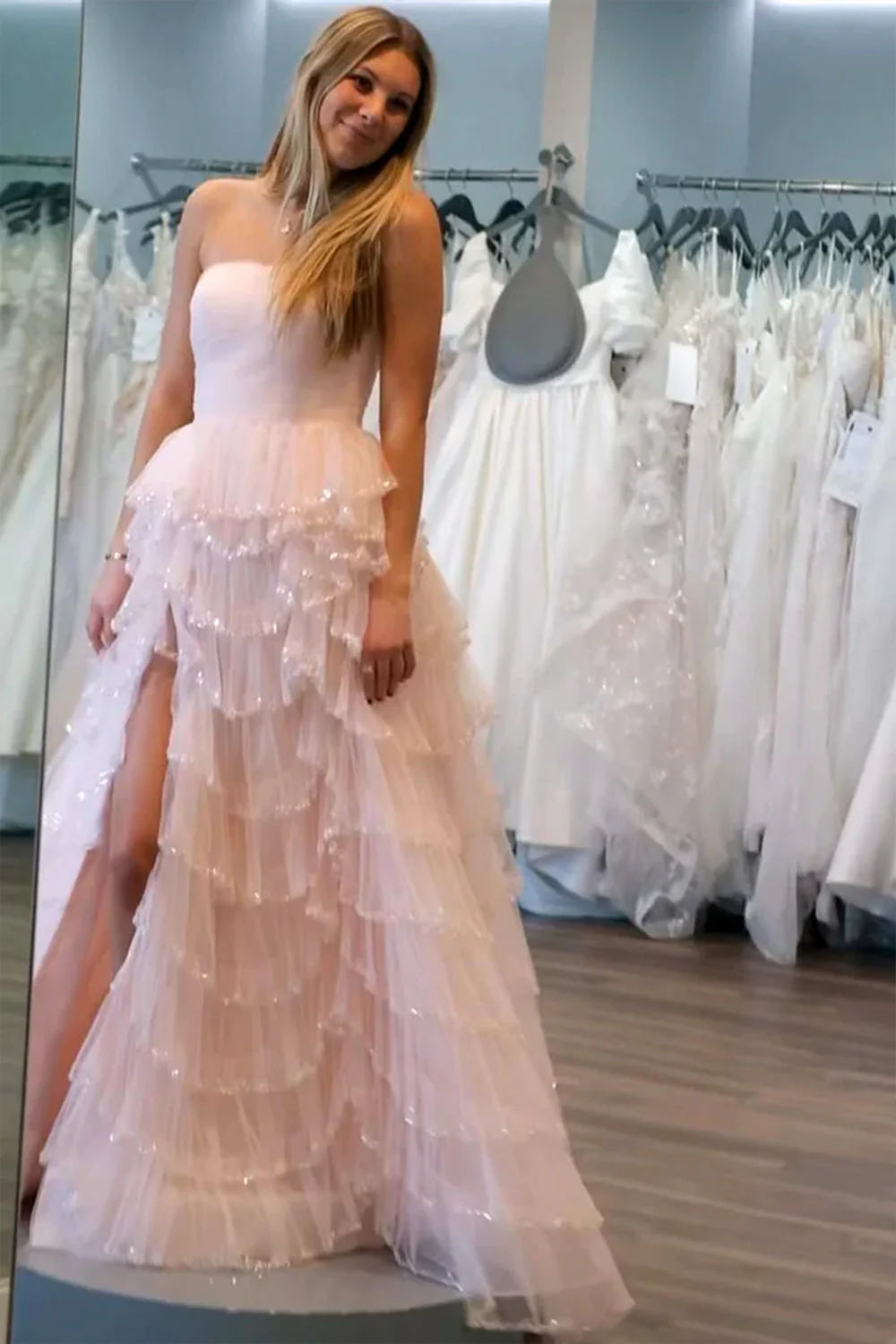 A Line Strapless Glitter Tulle Prom Dress With Layered Ruffle Skirt And Sequin Trim AD198