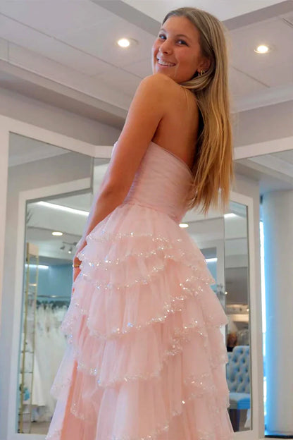 A Line Strapless Glitter Tulle Prom Dress With Layered Ruffle Skirt And Sequin Trim AD198