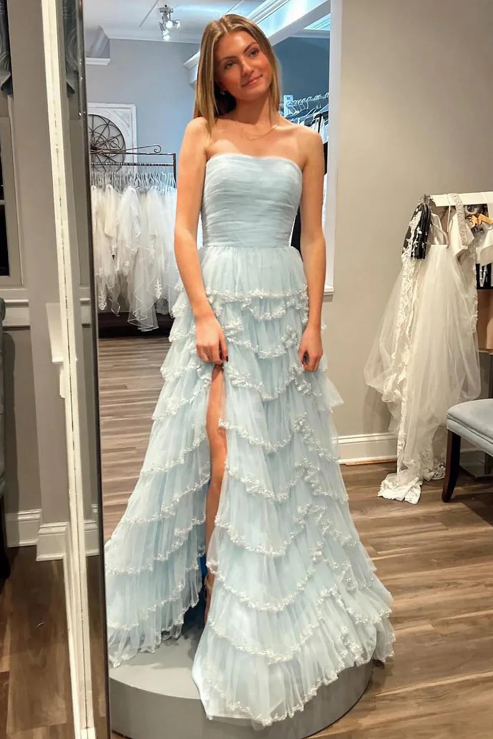 A Line Strapless Glitter Tulle Prom Dress With Layered Ruffle Skirt And Sequin Trim AD198
