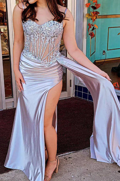 Gorgeous Mermaid Spaghetti Straps Silver Glitter Prom Dress With Split Slit AD199