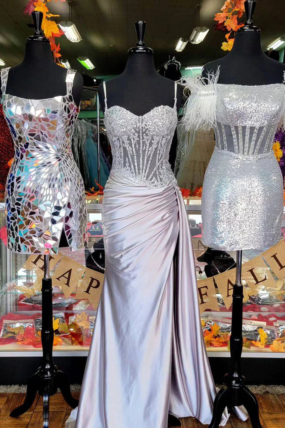 Gorgeous Mermaid Spaghetti Straps Silver Glitter Prom Dress With Split Slit AD199