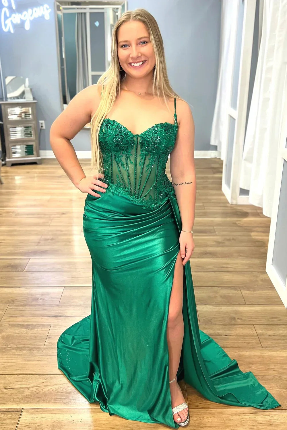Gorgeous Mermaid Spaghetti Straps Silver Glitter Prom Dress With Split Slit AD199