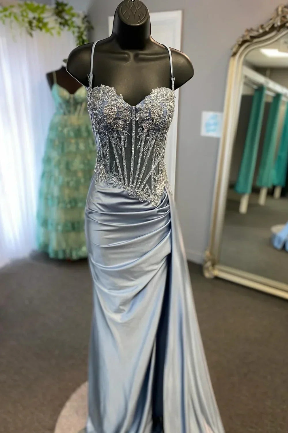 Gorgeous Mermaid Spaghetti Straps Silver Glitter Prom Dress With Split Slit AD199