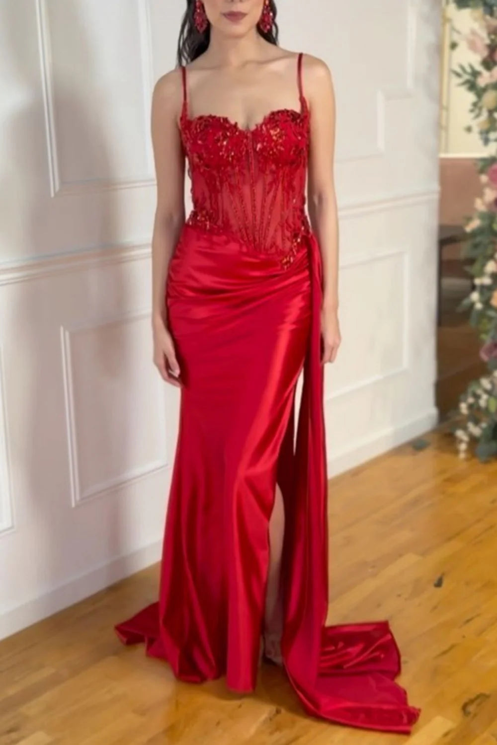 Gorgeous Mermaid Spaghetti Straps Silver Glitter Prom Dress With Split Slit AD199