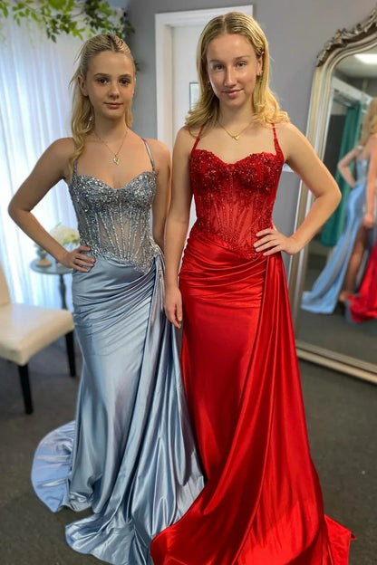 Gorgeous Mermaid Spaghetti Straps Silver Glitter Prom Dress With Split Slit AD199