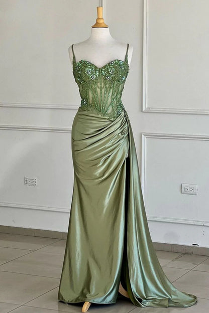Gorgeous Mermaid Spaghetti Straps Silver Glitter Prom Dress With Split Slit AD199