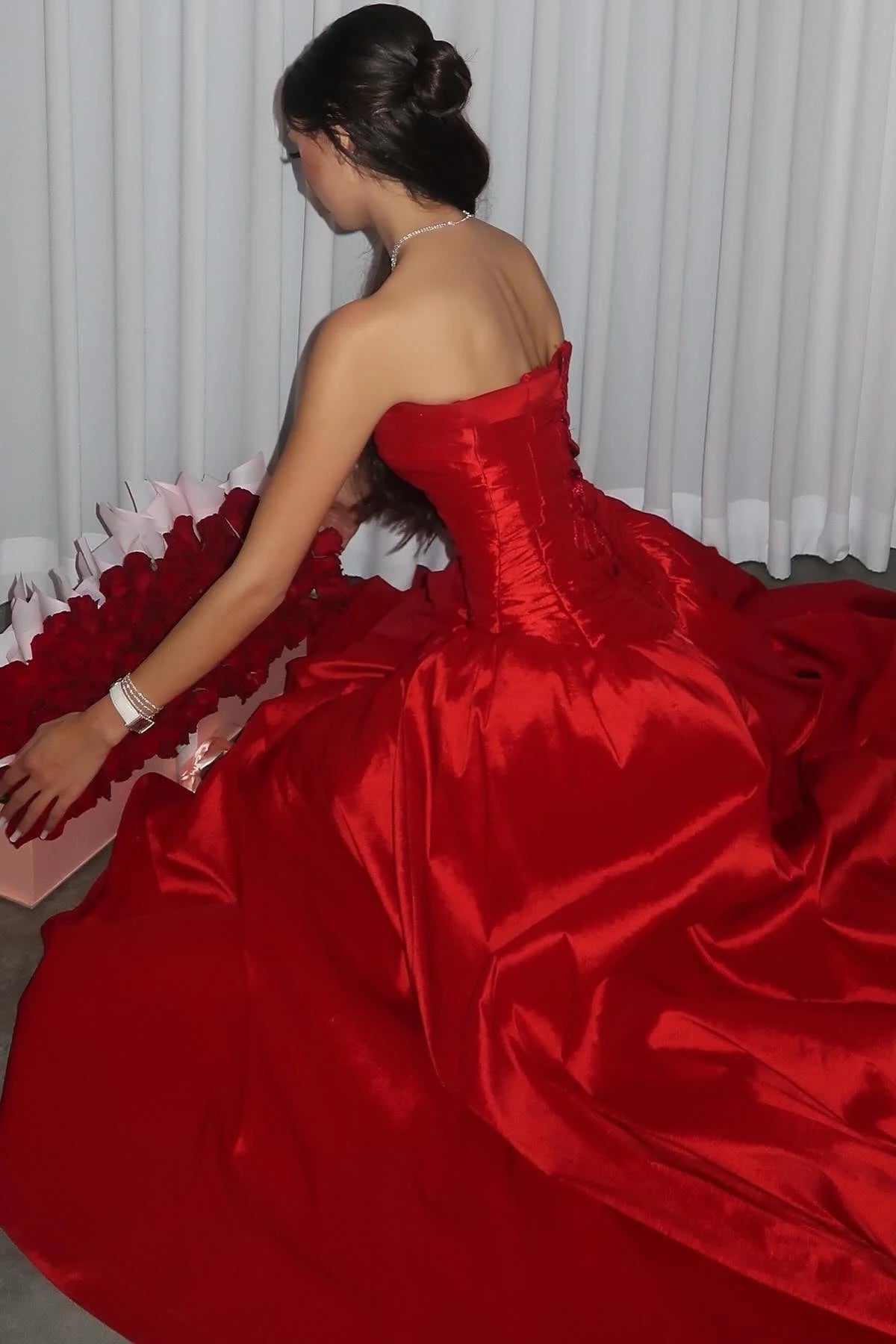 Beauty A Line Strapless Red Satin Long Prom Dress With Ruched AD200