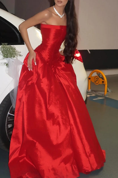 Beauty A Line Strapless Red Satin Long Prom Dress With Ruched AD200