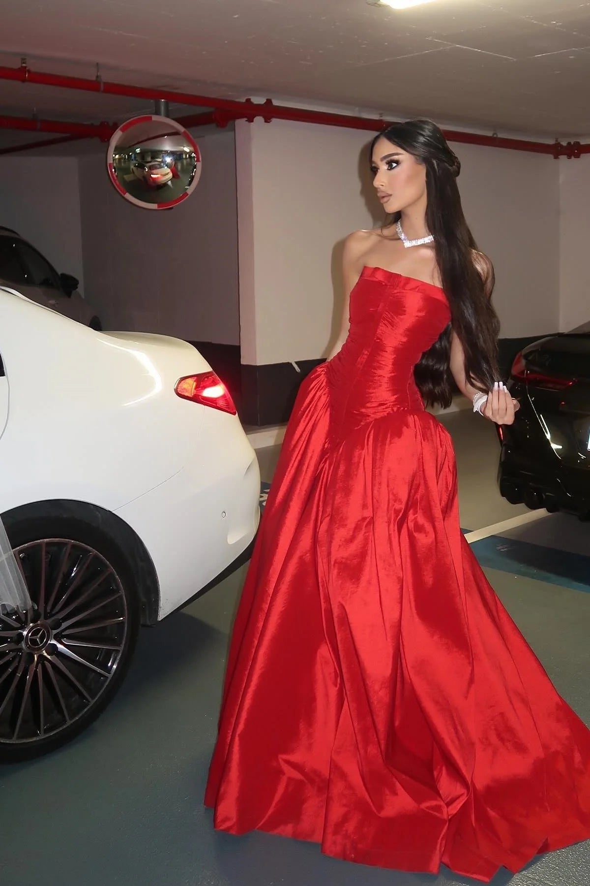 Beauty A Line Strapless Red Satin Long Prom Dress With Ruched AD200