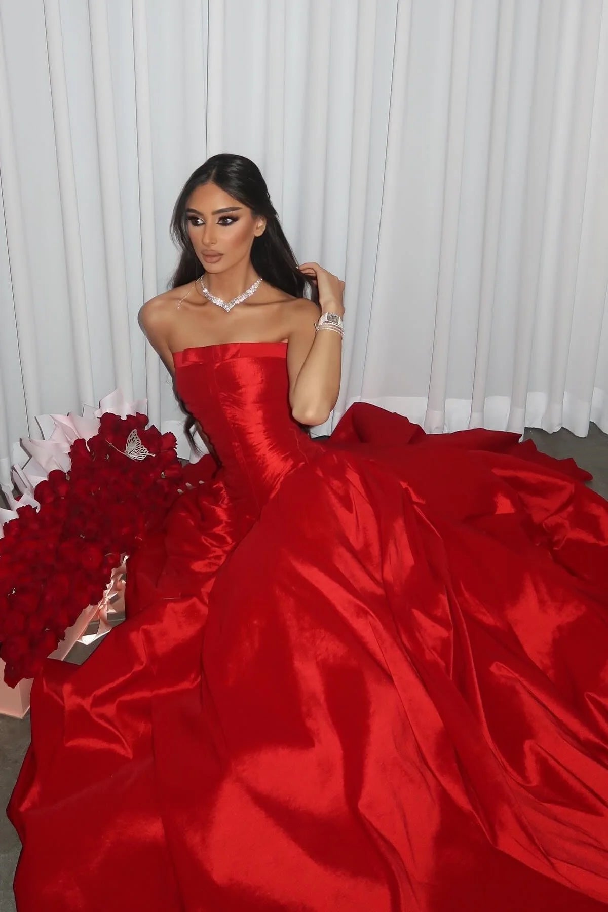Beauty A Line Strapless Red Satin Long Prom Dress With Ruched AD200