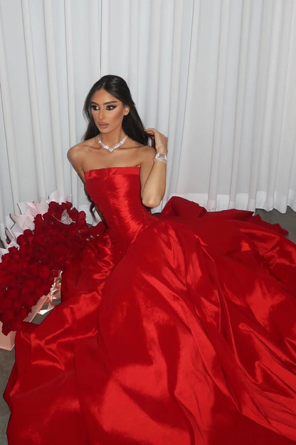 Beauty A Line Strapless Red Satin Long Prom Dress With Ruched AD200
