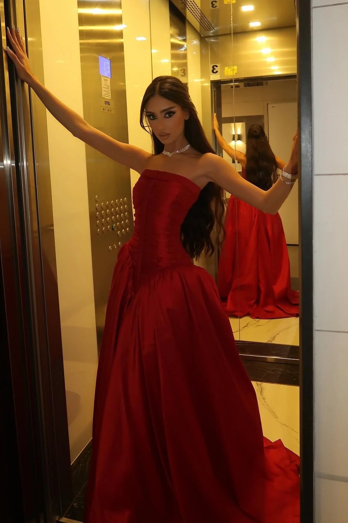 Beauty A Line Strapless Red Satin Long Prom Dress With Ruched AD200