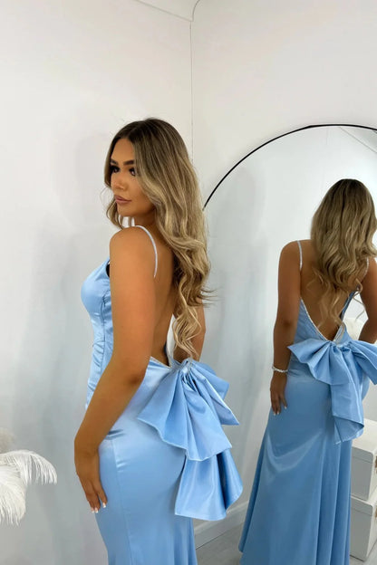 Stylish Mermaid Spaghetti Straps Pink Long Prom Dress With Bowknot AD201