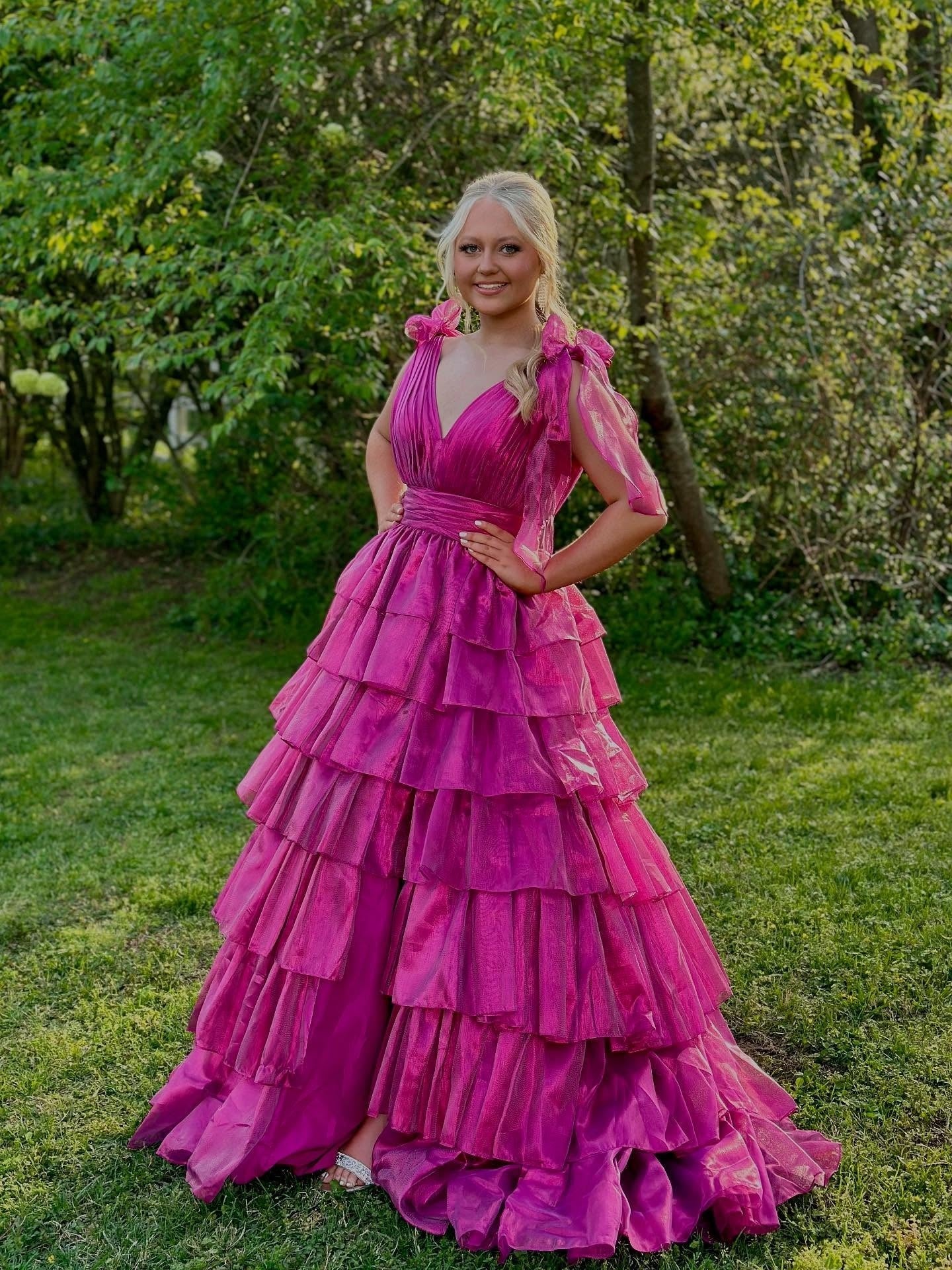 Princess A-Line Deep V-Neck Pink Long Tulle Prom Dress With Ruffles Slit AD202