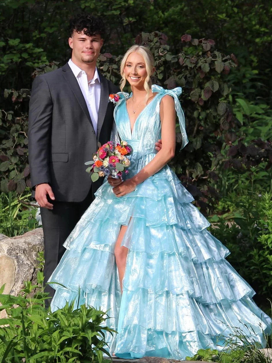 Princess A-Line Deep V-Neck Pink Long Tulle Prom Dress With Ruffles Slit AD202