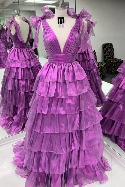 Princess A-Line Deep V-Neck Pink Long Tulle Prom Dress With Ruffles Slit AD202