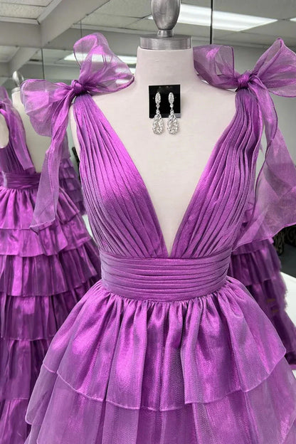 Princess A-Line Deep V-Neck Pink Long Tulle Prom Dress With Ruffles Slit AD202