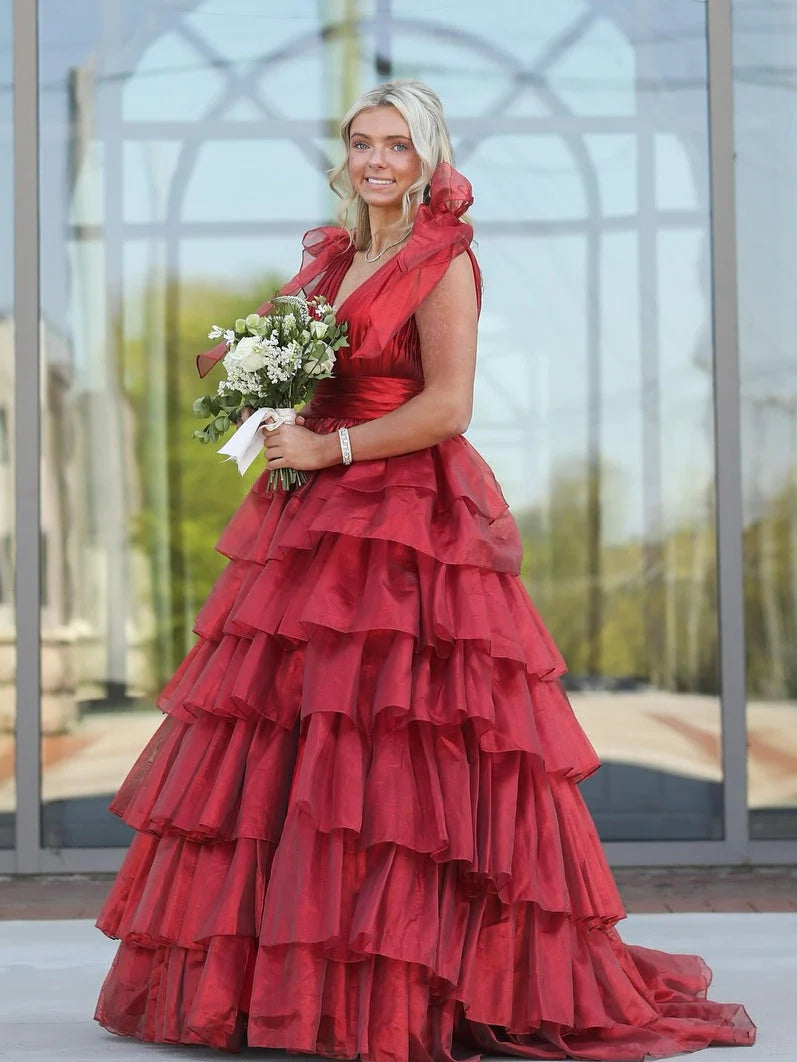 Princess A-Line Deep V-Neck Pink Long Tulle Prom Dress With Ruffles Slit AD202