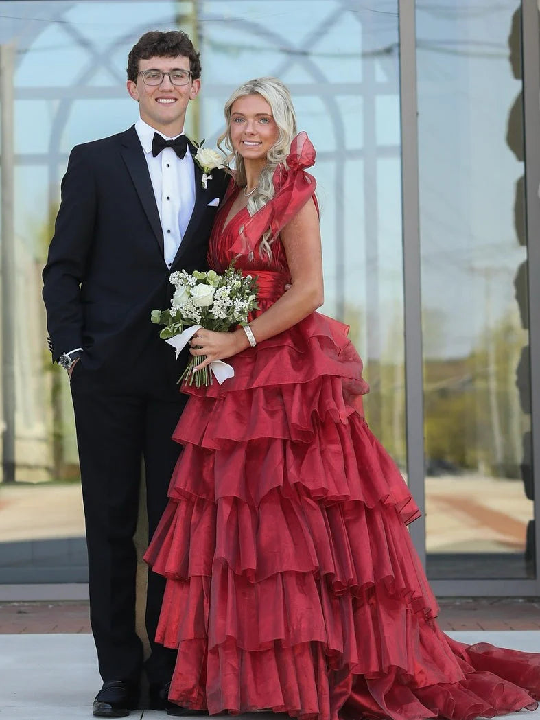 Princess A-Line Deep V-Neck Pink Long Tulle Prom Dress With Ruffles Slit AD202