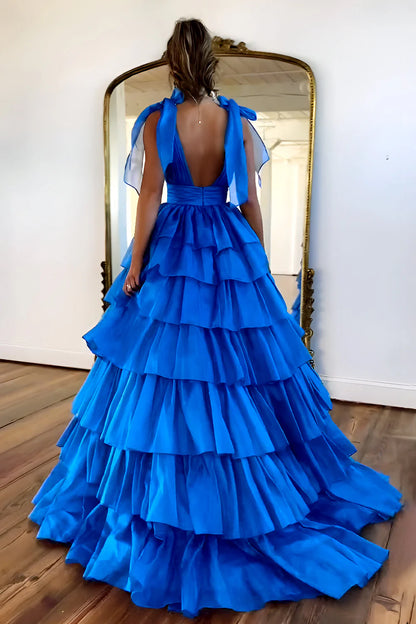 Princess A-Line Deep V-Neck Pink Long Tulle Prom Dress With Ruffles Slit AD202