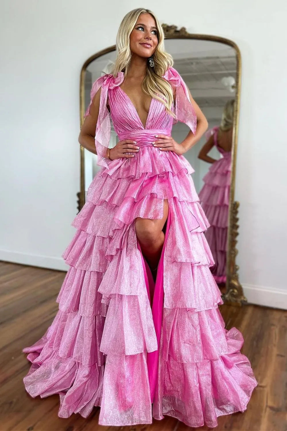 Princess A-Line Deep V-Neck Pink Long Tulle Prom Dress With Ruffles Slit AD202