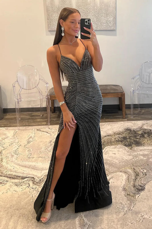 Black Mermaid Prom Dress With Lace Up Back Corset Bodice Beaded Detail And Slit AD203