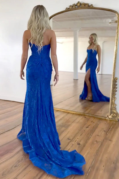 Stunning Glitter Mermaid Strapless Sweep Train Long Lace Prom Dress With Slit AD204