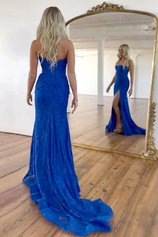 Stunning Glitter Mermaid Strapless Sweep Train Long Lace Prom Dress With Slit AD204
