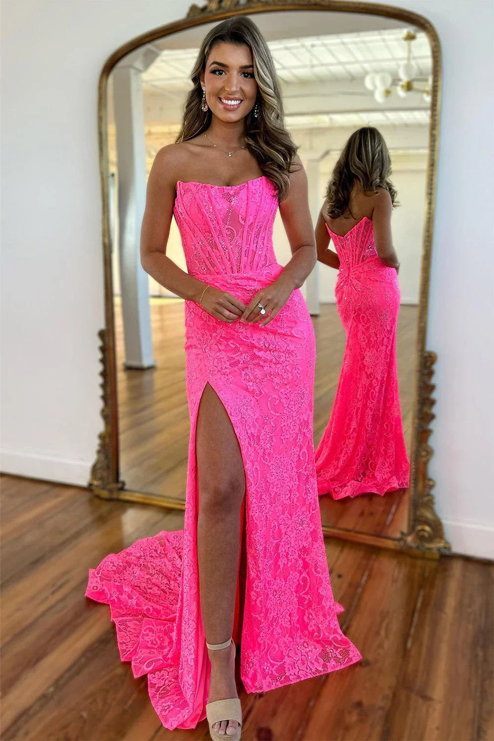 Stunning Glitter Mermaid Strapless Sweep Train Long Lace Prom Dress With Slit AD204