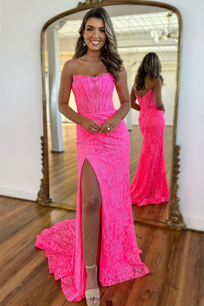 Stunning Glitter Mermaid Strapless Sweep Train Long Lace Prom Dress With Slit AD204