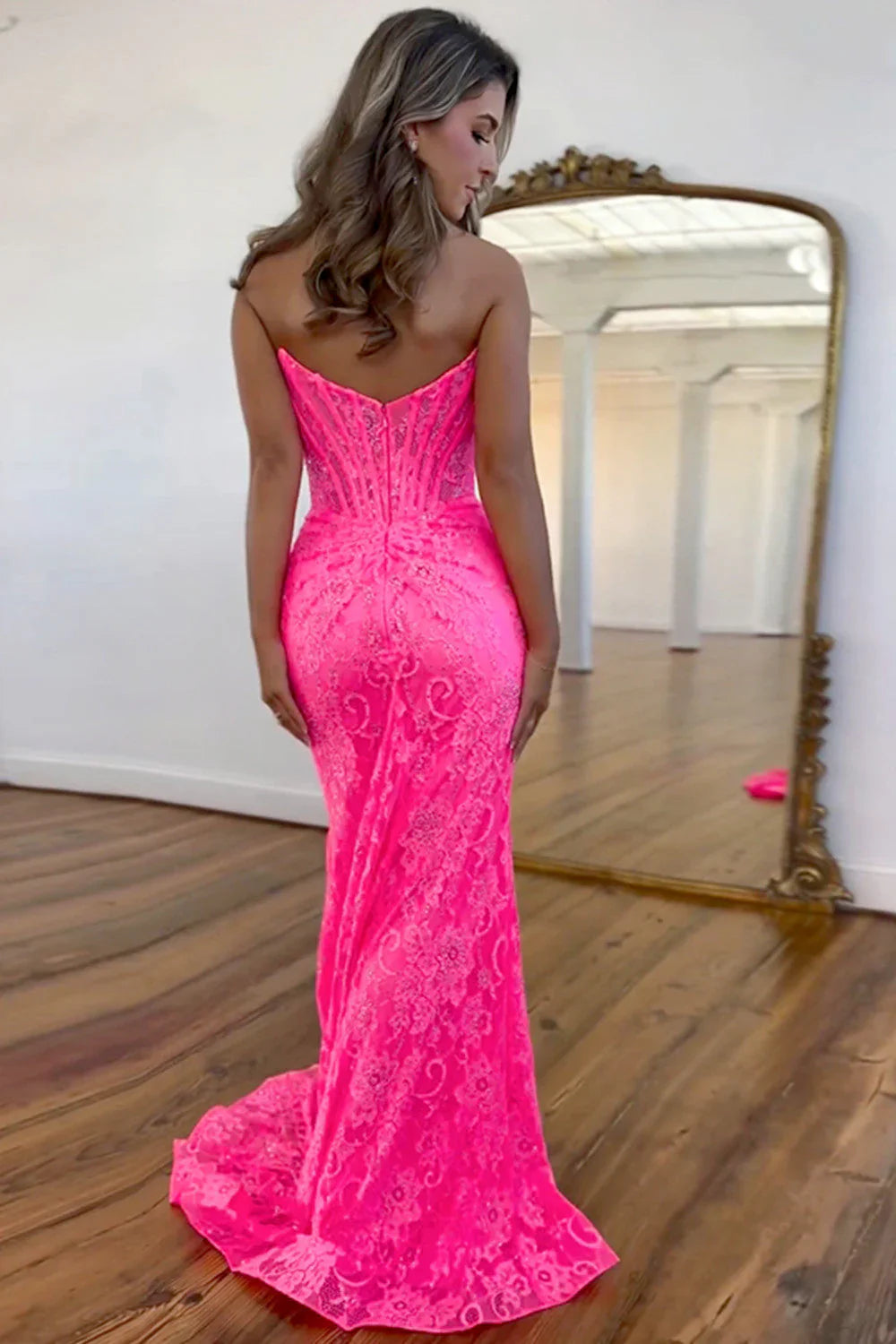 Stunning Glitter Mermaid Strapless Sweep Train Long Lace Prom Dress With Slit AD204