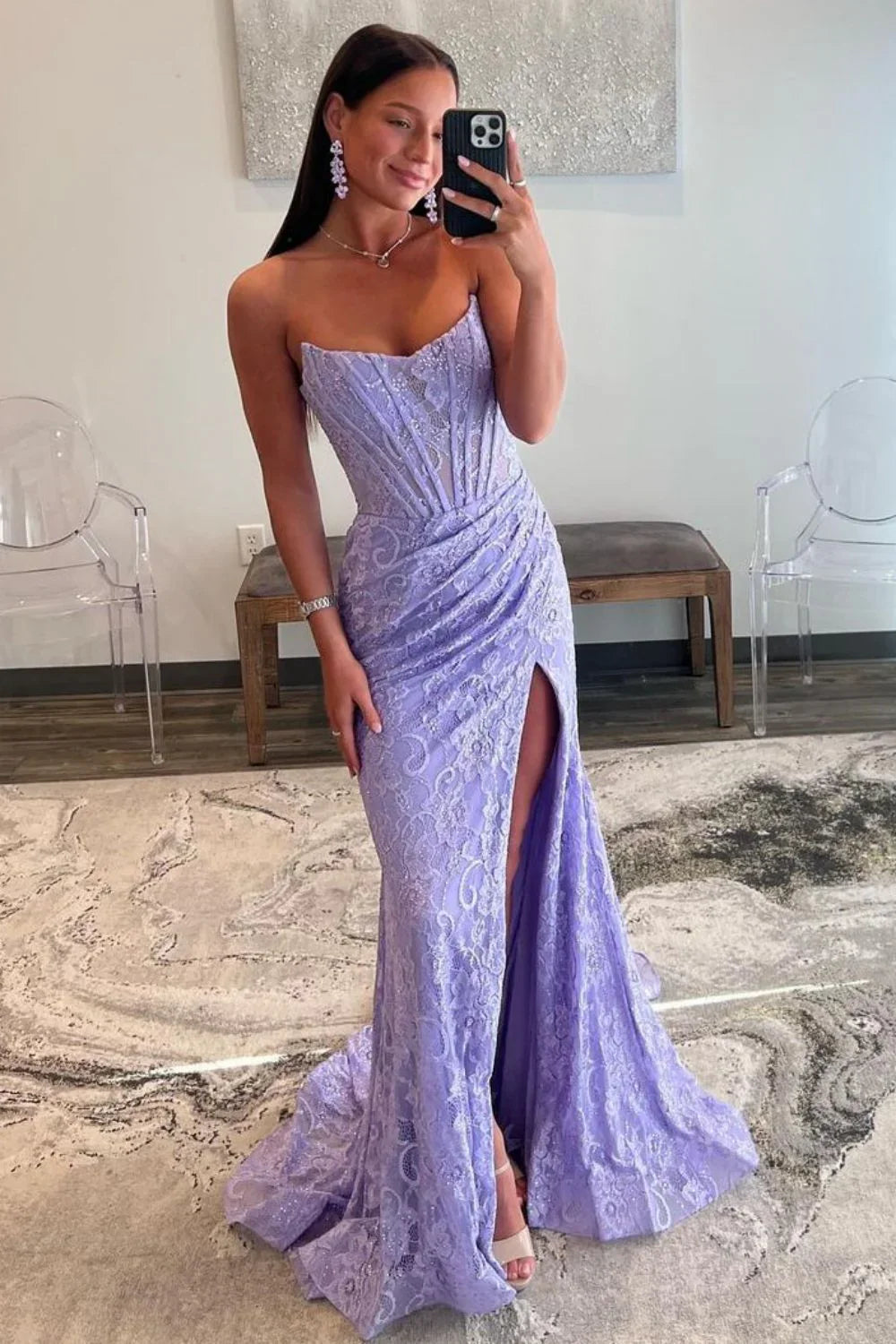 Stunning Glitter Mermaid Strapless Sweep Train Long Lace Prom Dress With Slit AD204