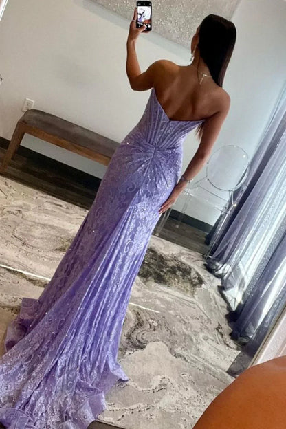 Stunning Glitter Mermaid Strapless Sweep Train Long Lace Prom Dress With Slit AD204