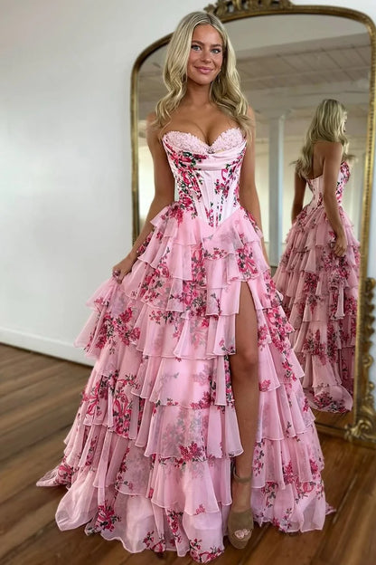 Light Blue Romantic A-Line Sweetheart Long Print Layered Tulle Prom Dress With Slit AD205