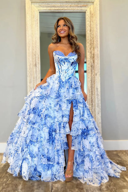 Light Blue Romantic A-Line Sweetheart Long Print Layered Tulle Prom Dress With Slit AD205
