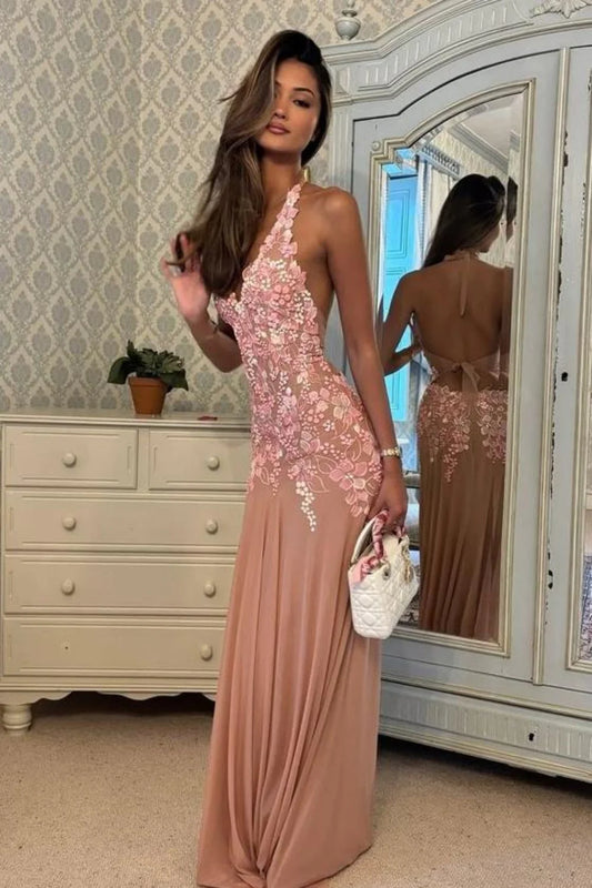 Romantic Pink Halter Neck Tie Back Prom Dress With 3D Floral Lace Appliqué AD206