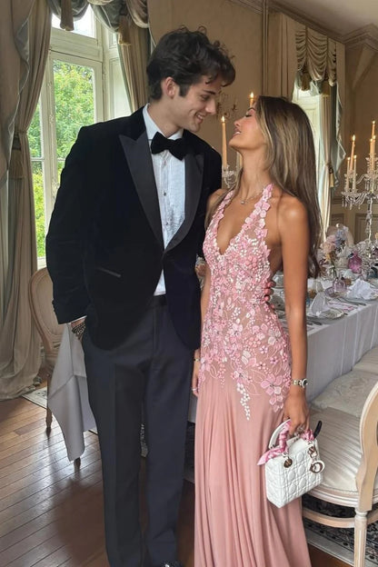 Romantic Pink Halter Neck Tie Back Prom Dress With 3D Floral Lace Appliqué AD206