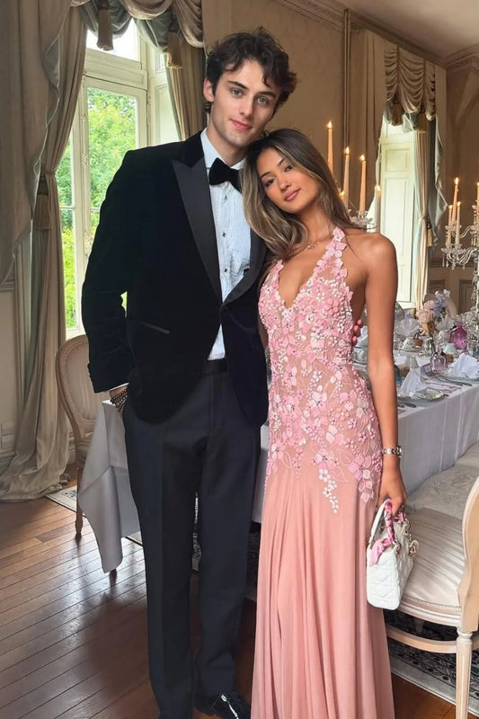 Romantic Pink Halter Neck Tie Back Prom Dress With 3D Floral Lace Appliqué AD206