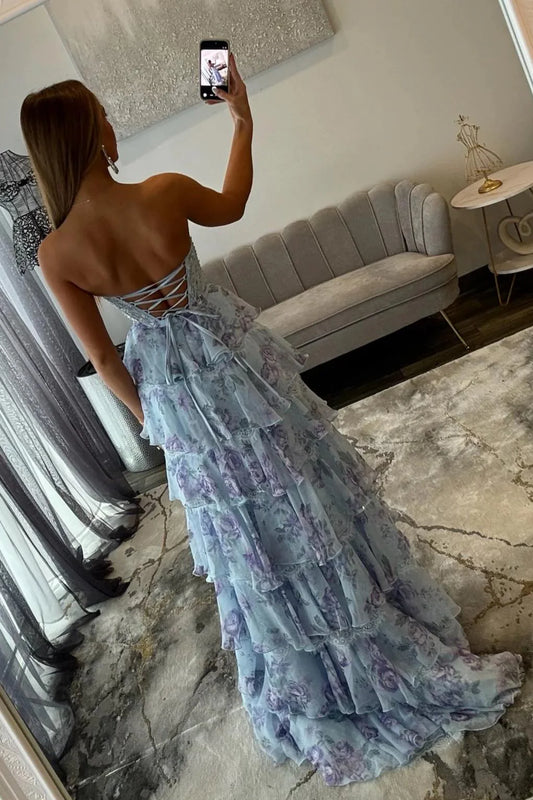 Light Blue A-Line Floral Tiered Ruffle Corset Prom Dress With Slit And Lace Up Back AD208