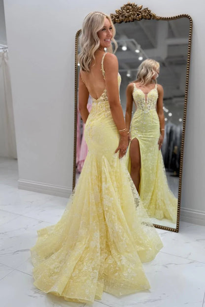 Yellow Lace Appliqué Deep V Neck Backless Mermaid Prom Dress with Slit AD210
